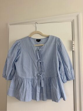 RD Style Blue and White Striped Tie-Front Peplum Blouse